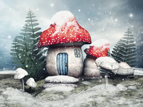 Snowy scene with a fairy cottage, mushrooms and fern on a winter meadow. 3D render.