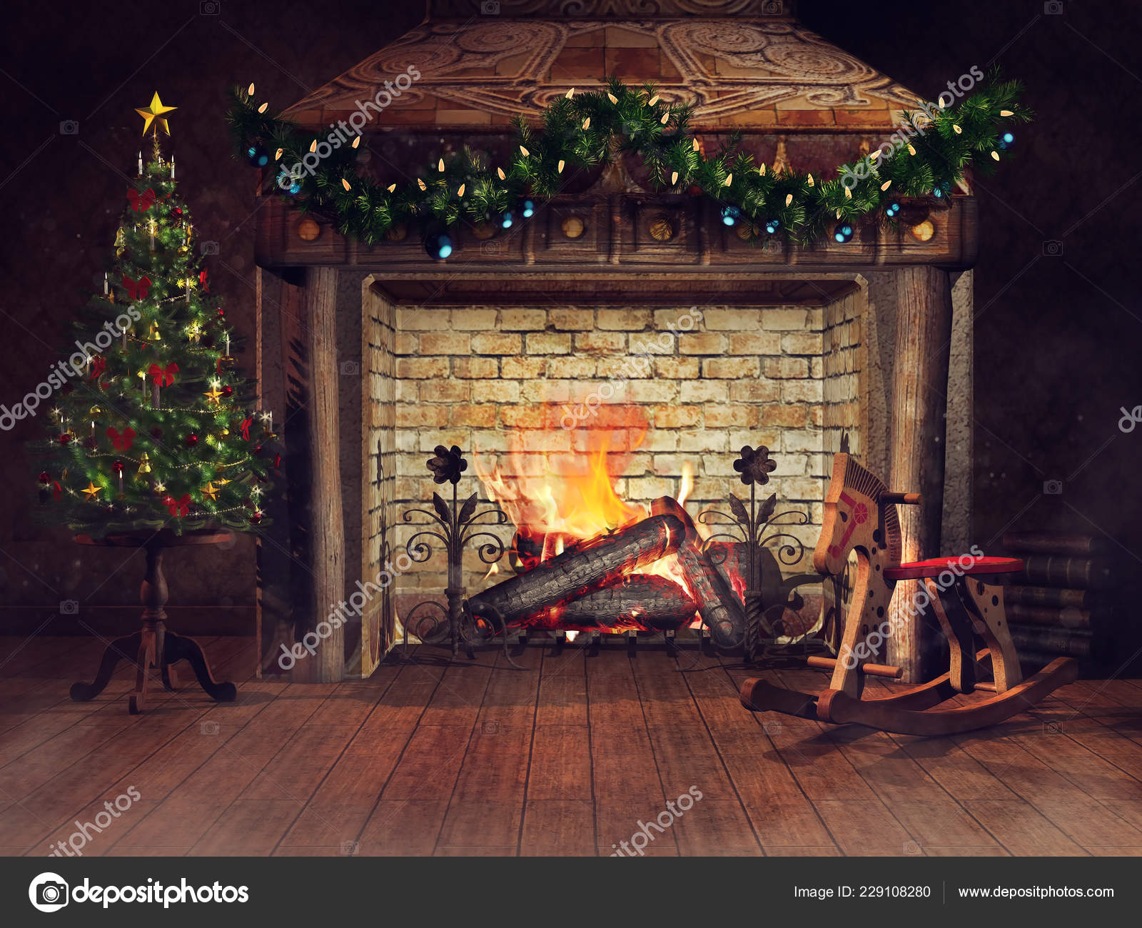 Old Fireplace Rocking Horse Christmas Garlands Decorated Christmas