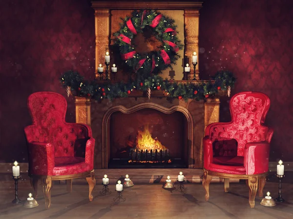 Vintage Fireplace Christmas Ornaments Red Armchairs Small Candles Dark Room — Stock Photo, Image