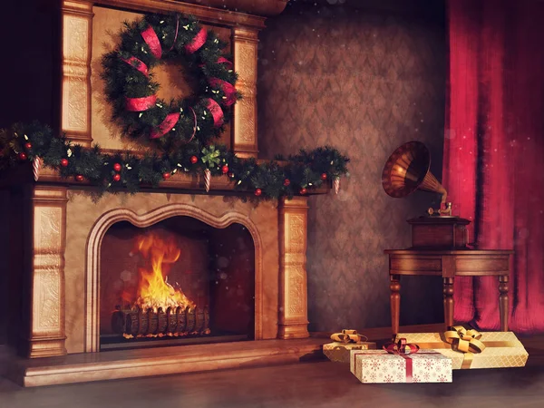 Christmas Room Fireplace Table Vintage Gramophone Presents Decorations Render — Stock Photo, Image