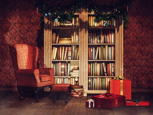 Vintage Kütüphane Oda Bir Koltuk Kitap Noel Süsler Renkli Sunar — Stok fotoğraf