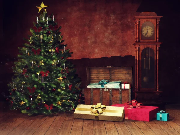 Dark room with an old clock, chest, Christmas tree and colorful presents. 3D render.