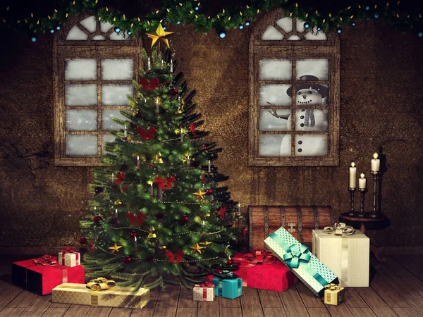 クリスマス ツリー プレゼント キャンドル ウィンドウの背後に雪だるまと部屋 のレンダリング — ストック写真