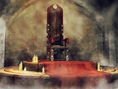 Kırmızı halı ve mum bir fantezi kalede bir taş zemine Ortaçağ tahta. 3D render.