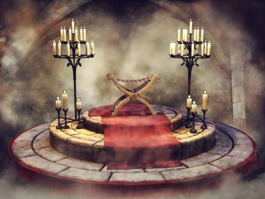 Fantezi sandalye bir kırmızı halı ve candelabras ile Ortaçağ odasında. 3D render.