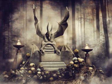 Taş tahta kafatasları ve kemikleri orman arasında. 3D render.