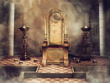 Fantasy throne with Celtic ornaments in an old castle with burners and candles. 3D render. clipart