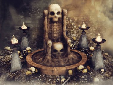 Fantezi kafatası taht brülörleri, kafatasları ve eski kalede insan kemikleri çevrili. 3D render.