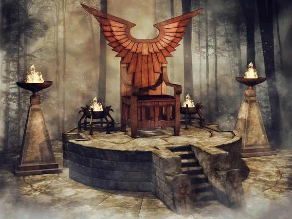 Θρόνο Του Φαντασίωση Ξύλινες Πτέρυγες Περιβάλλεται Από Καυστήρες Στο Δάσος — Φωτογραφία Αρχείου