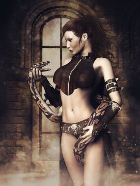 Fantezi bir eski taş pencere önünde duran çapkın. 3D render.