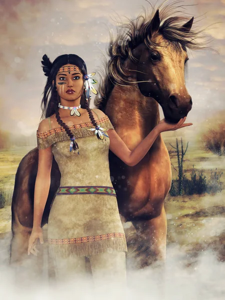 Colorful Scene Young Native American Woman Standing Next Horse Render — Stock Photo, Image