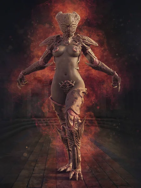 Fantasie Vrouw Een Monster Outfit Staande Vlammen Een Oude Tempel — Stockfoto