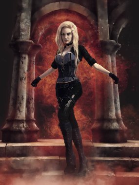 Genç kız yanıyor bir eski tapınağın basamaklarda ayakta. 3D render.