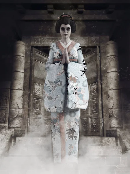 Fantasma Spettrale Una Ragazza Geisha Piedi Fronte Vecchio Edificio Abbandonato — Foto Stock