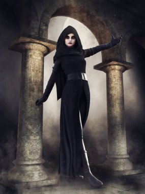 Fantezi bir dolunay gecesi eski bir tapınak rahibesi kapşonlu. 3D render.