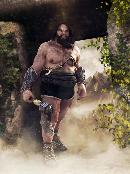 洞窟の前で斧立ってファンタジー野蛮人 のレンダリング — ストック写真