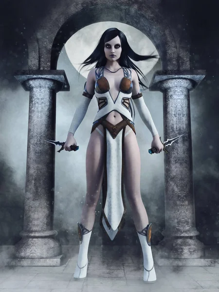 Fantasy female assassin with knives standing in an old temple at night. 3D render.