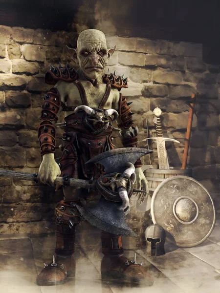 Fantasy Goblin Warrior Axe Standing Medieval Armory Render — Stock Photo, Image