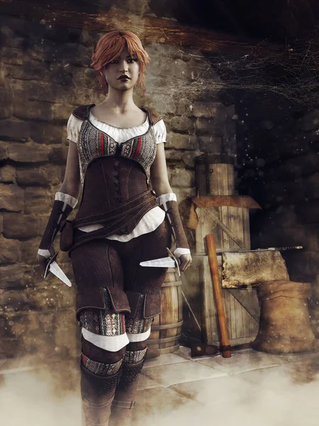 Fantasy female thief with daggers in the cellar of an old medieval castle. 3D render.