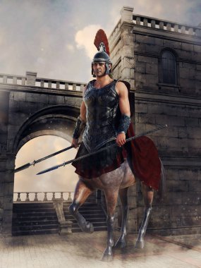 Bir kale kapısının önünde duran bir centaur koruyucusu ile fantezi sahnesi. 3d render.
