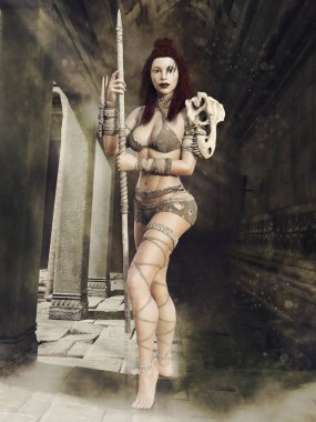 Antik bir tapınağın koridorunda duran bir mızrak ile Fantezi kadın kabile savaşçı. 3d render.