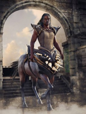 Fantezi centaur savaşçı iki kılıç tutan ve bir taş kapının önünde duruyor. 3d render.