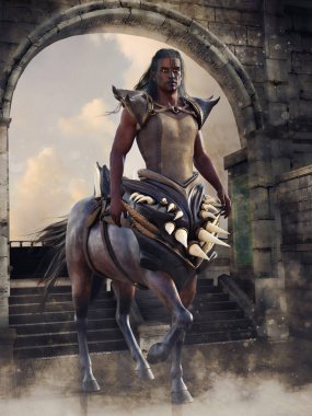 Fantasy centaur warrior holding two swords and standing in front of a stone gate. 3D render. clipart