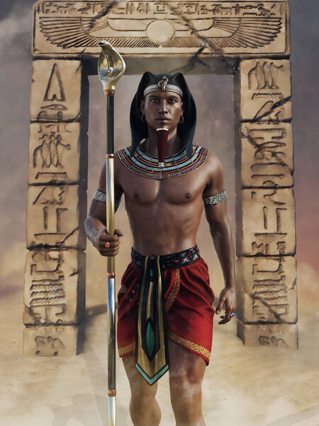 Ancient Egyptian priest with a cobra staff standing in front of an arch with hieroglyphs. 3D render.