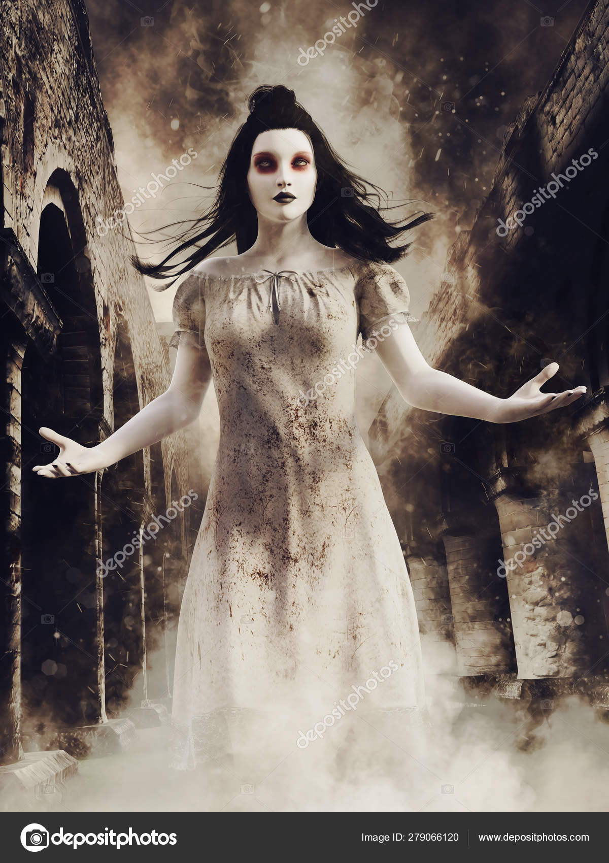 Dark Scene Ghost Girl Standing Mist Ruines Old Abandoned Abbey Stock Photo  by ©FairytaleDesign 279066120