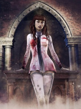 Eski bir katedralde bir kemer önünde duran kanlı gömlekli bir kız ile Gotik sahne. 3d render.