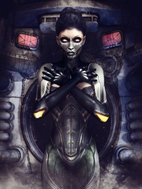 Karanlık fütüristik bir odada duran metal gövdeli cyborg kadın. 3d render.