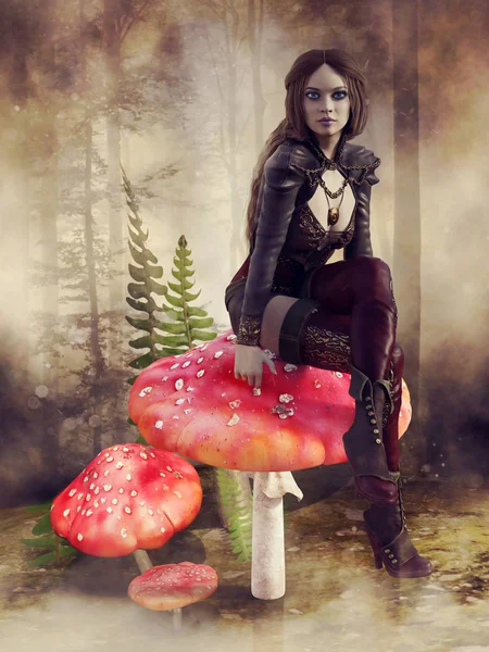 霧の森の中で赤いキノコの上に座っている妖精の女の子と秋の風景 レンダリング — ストック写真