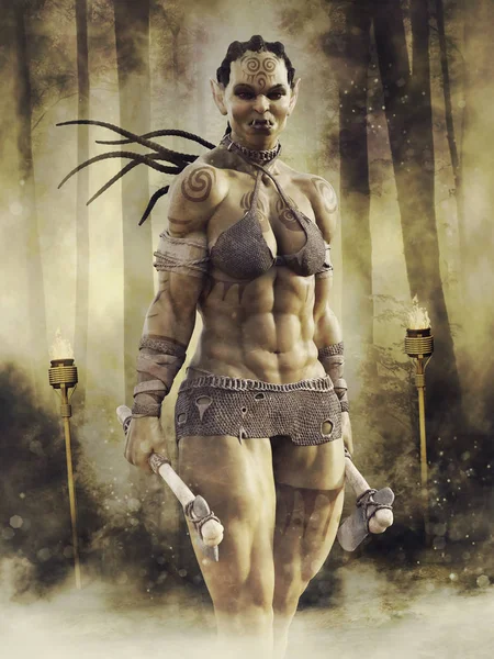 Female Orc Warrior Holding Axes Her Hands Standing Dark Forest — Stock Photo, Image