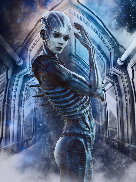 Alien Meisje Met Spikes Haar Rug Staande Een Blauwe Futuristische — Stockfoto