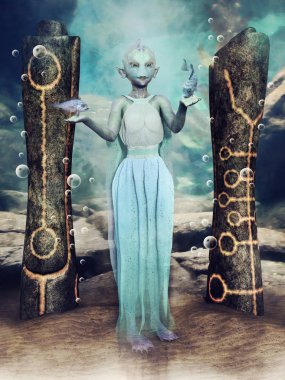 Oymalar ile iki antik sütunlar arasında duran bir balık rahibe ile Fantezi sahne. 3d render.