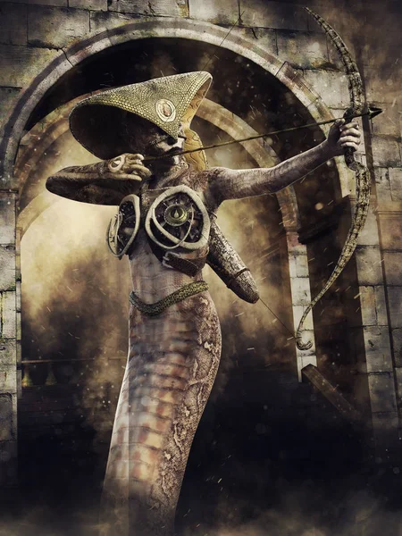 Тёмная Сцена Женщиной Лучником Кобры Луком Стрелой Стоящей Перед Воротами — стоковое фото