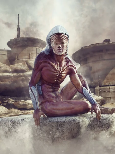 Fantasy Scene Alien Man Sitting Front Futuristic Desert Outpost Render — Stock Photo, Image