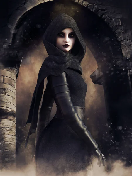 Night Scene Sorceress Hooded Robe Standing Front Gothic Gate Render — Stock Photo, Image
