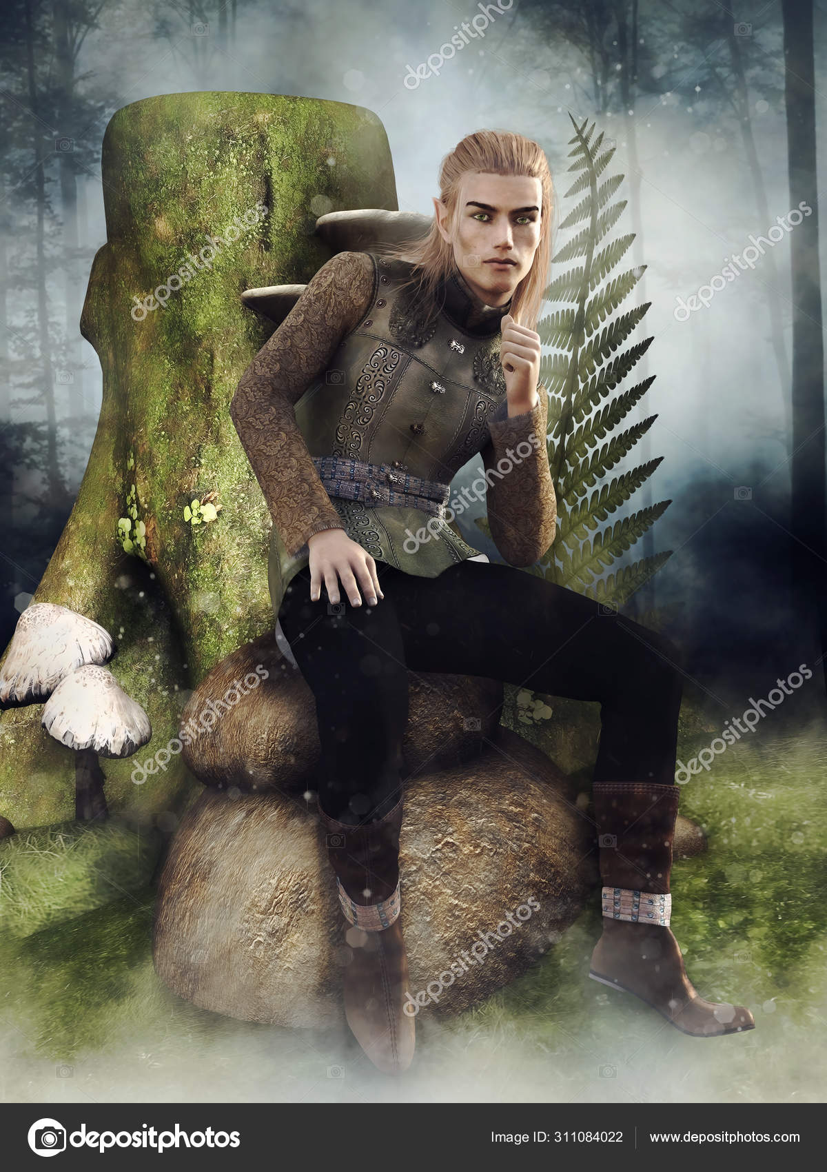 Fantasy Male Elf Sitting Rock Next Tree Stump Mushrooms Render Stock Photo Image By C Fairytaledesign Fantasy Male Elf Sitting Rock Next Tree Stump Mushrooms Render Stock Photo Image By C Fairytaledesign
