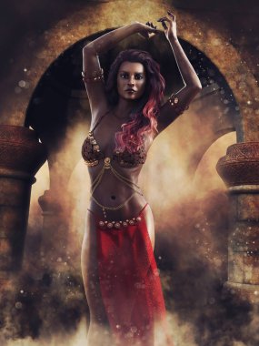 Taş sütunlarla dolu bir tapınakta dans eden dansçı fantezisi. 3d hazırlayıcı.