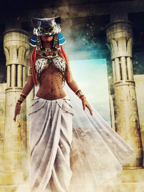 İki sütun arasında duran kedi tanrıçası Bast 'in maskesi olan eski Mısırlı rahibe. 3d hazırlayıcı.