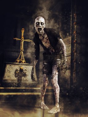 Eski terk edilmiş bir mezardan kemik haçıyla geçen ürpertici bir zombi. 3d hazırlayıcı.