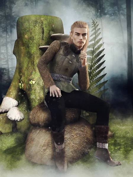Fantasy Male Elf Sitting Rock Next Tree Stump Mushrooms Render — Stock Photo, Image