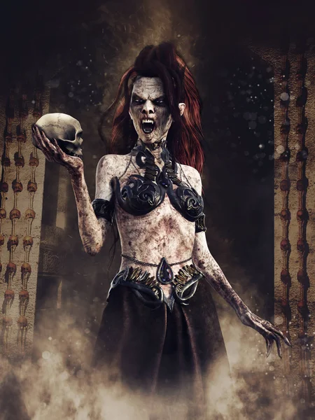 恐怖的场景一个僵尸女巫拿着骷髅站在黑暗的寺庙里 3D渲染 — 图库照片