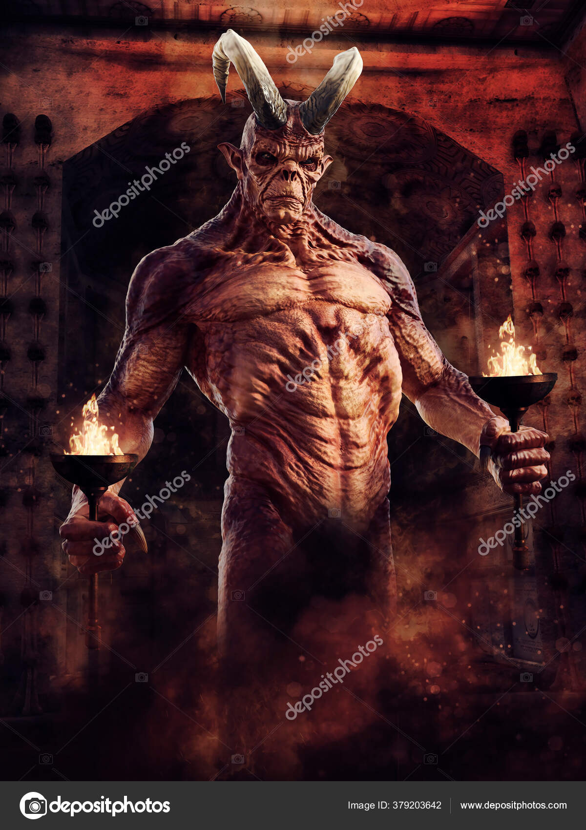 Devil Burning Torches His Hands Standing Front Entrance Hell