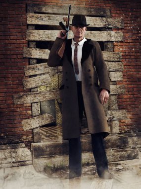 Şapkalı ve uzun paltolu bir gangster yıkılmış bir binanın önünde tüfekle dikiliyor. 3 Boyutlu Hazırlama.