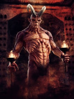 Devil with burning torches in his hands standing in front of the entrance to hell. 3D illustration. clipart