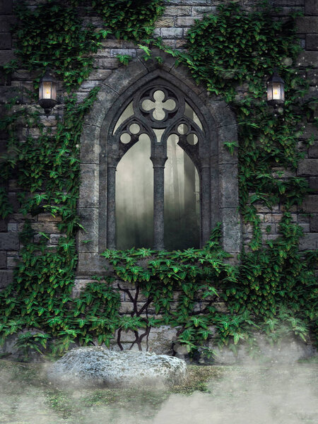 Gothic window in a stone wall with green ivy and lanters. 3D render.