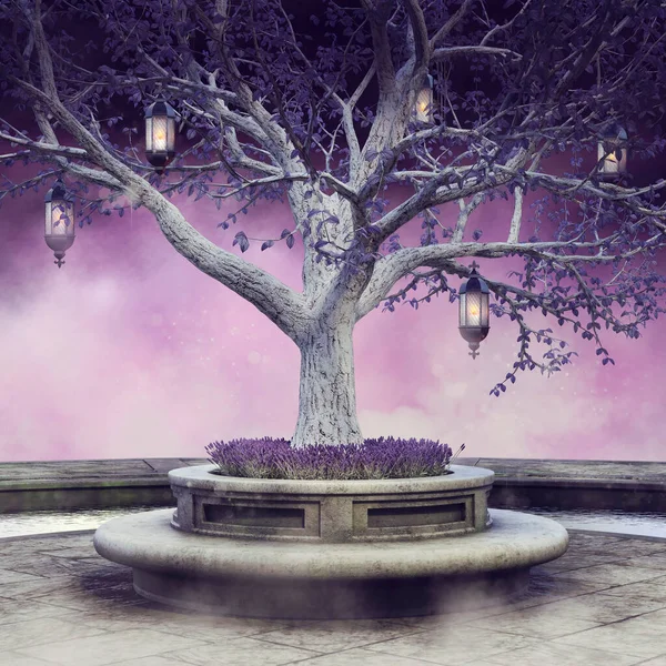 Cena Colorida Com Uma Árvore Fantasia Com Lanternas Penduradas Flores — Fotografia de Stock