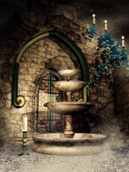 Gothic Wall Ornamented Window Stone Fountain Ivy Candles Render — Stock Photo, Image